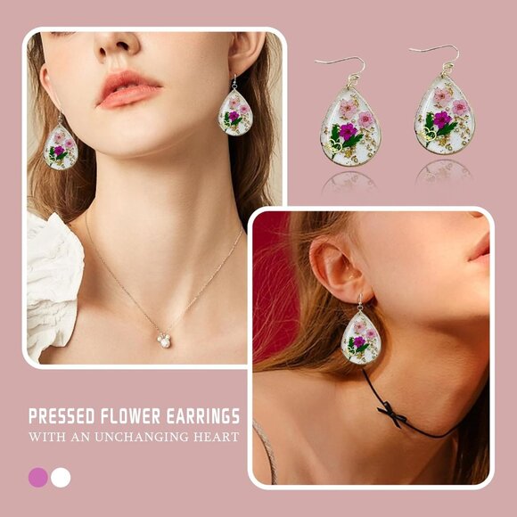 Women's Resin Dry Flowers Pressed Drop Dangle Purple Pink Earrings - Picture 5 of 5